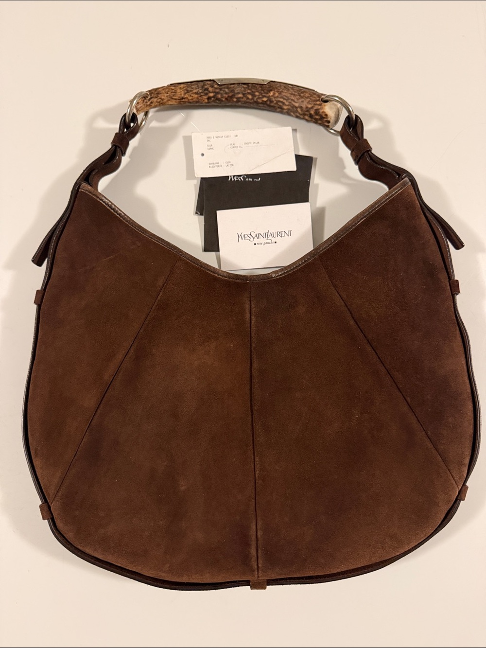 Vintage YSL Mombasa 95361 Brown Suede Horn Handle Hobo Tom Ford 2002